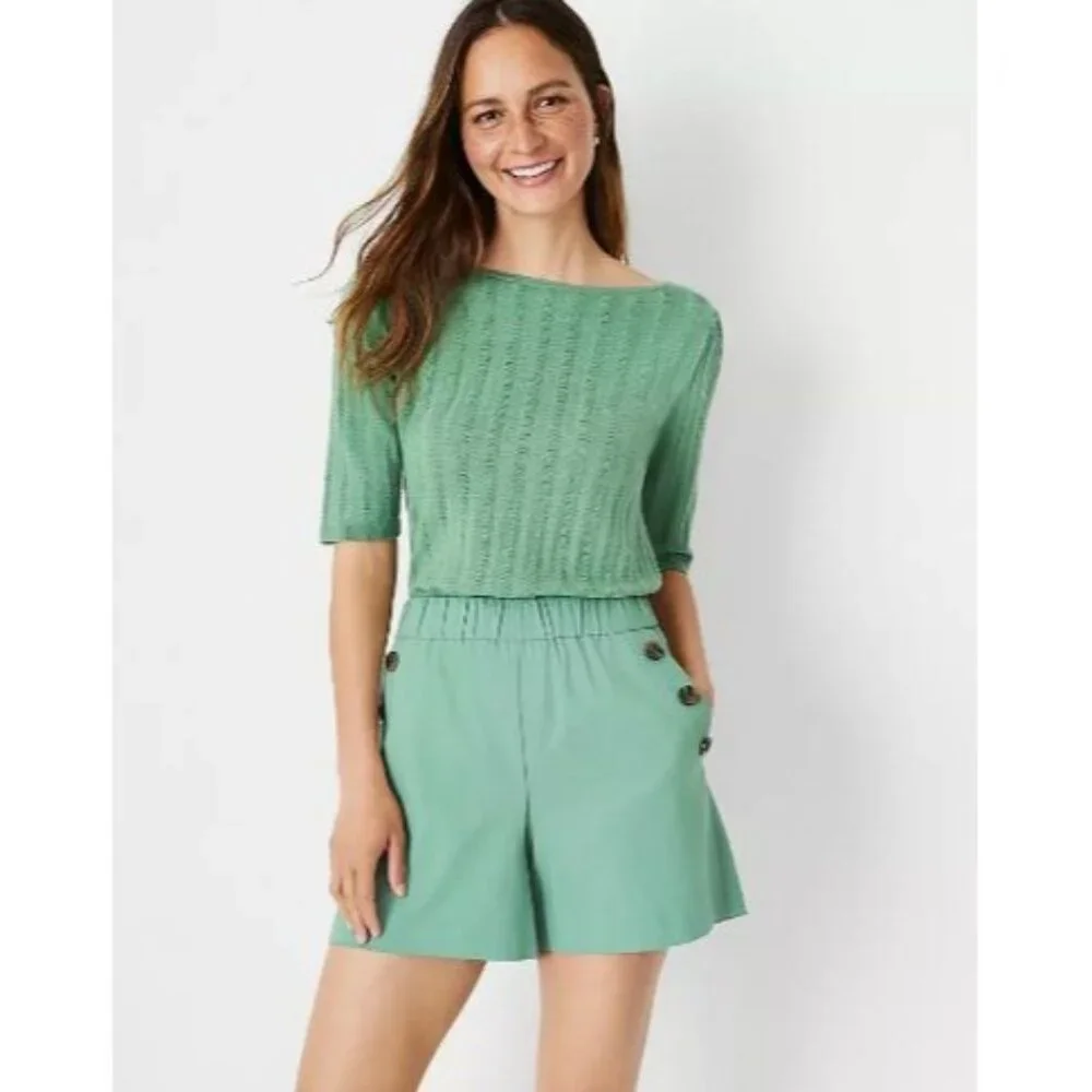 Ann Taylor Petite Pointelle Sweater Women L Green Casual Boho Classic Preppy NWT